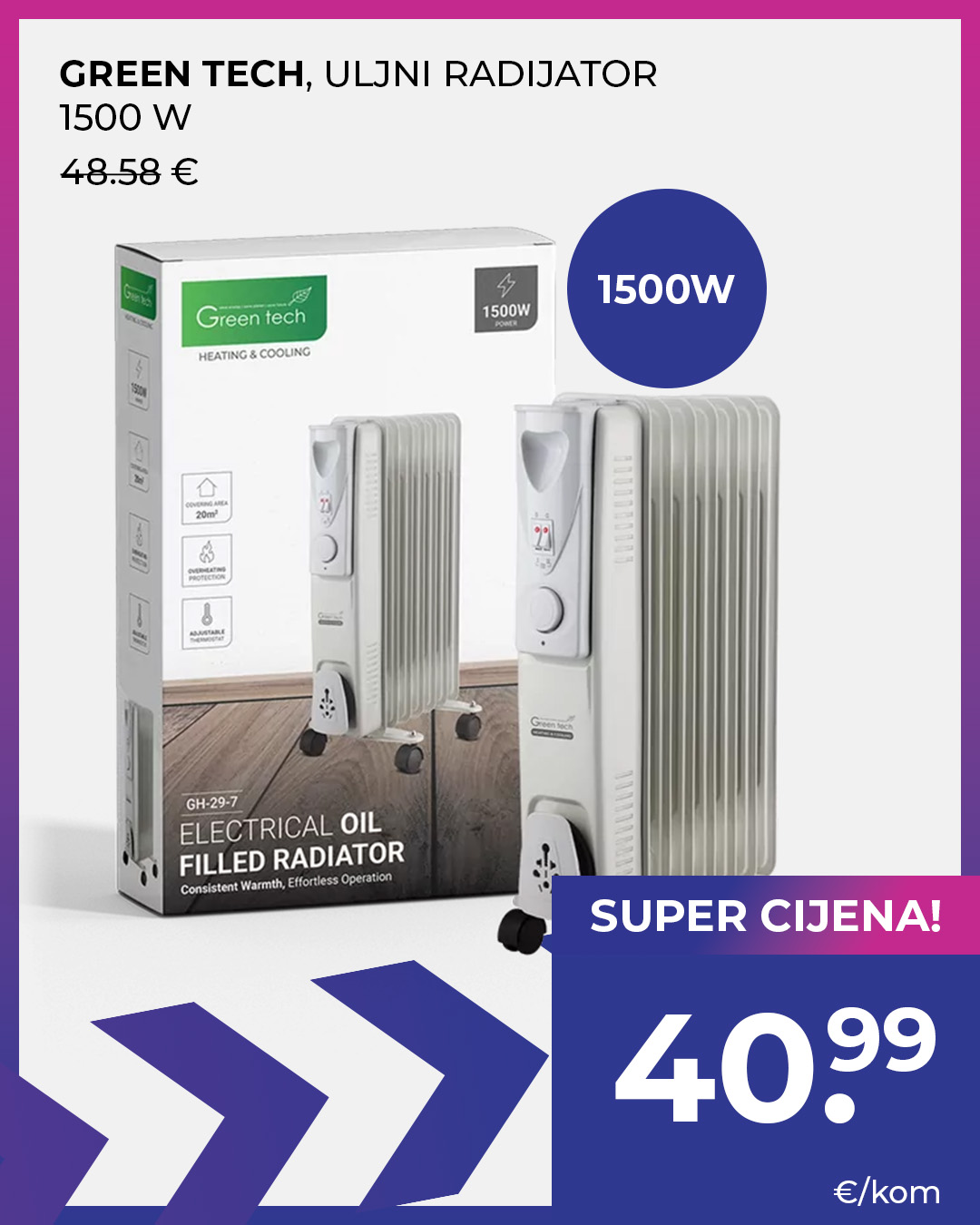 GREEN TECH, ULJNI RADIJATOR 1500 W