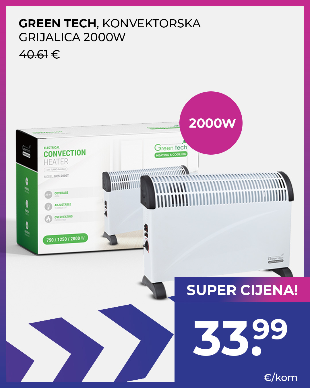 GREEN TECH, KONVEKTORSKA GRIJALICA 2000w