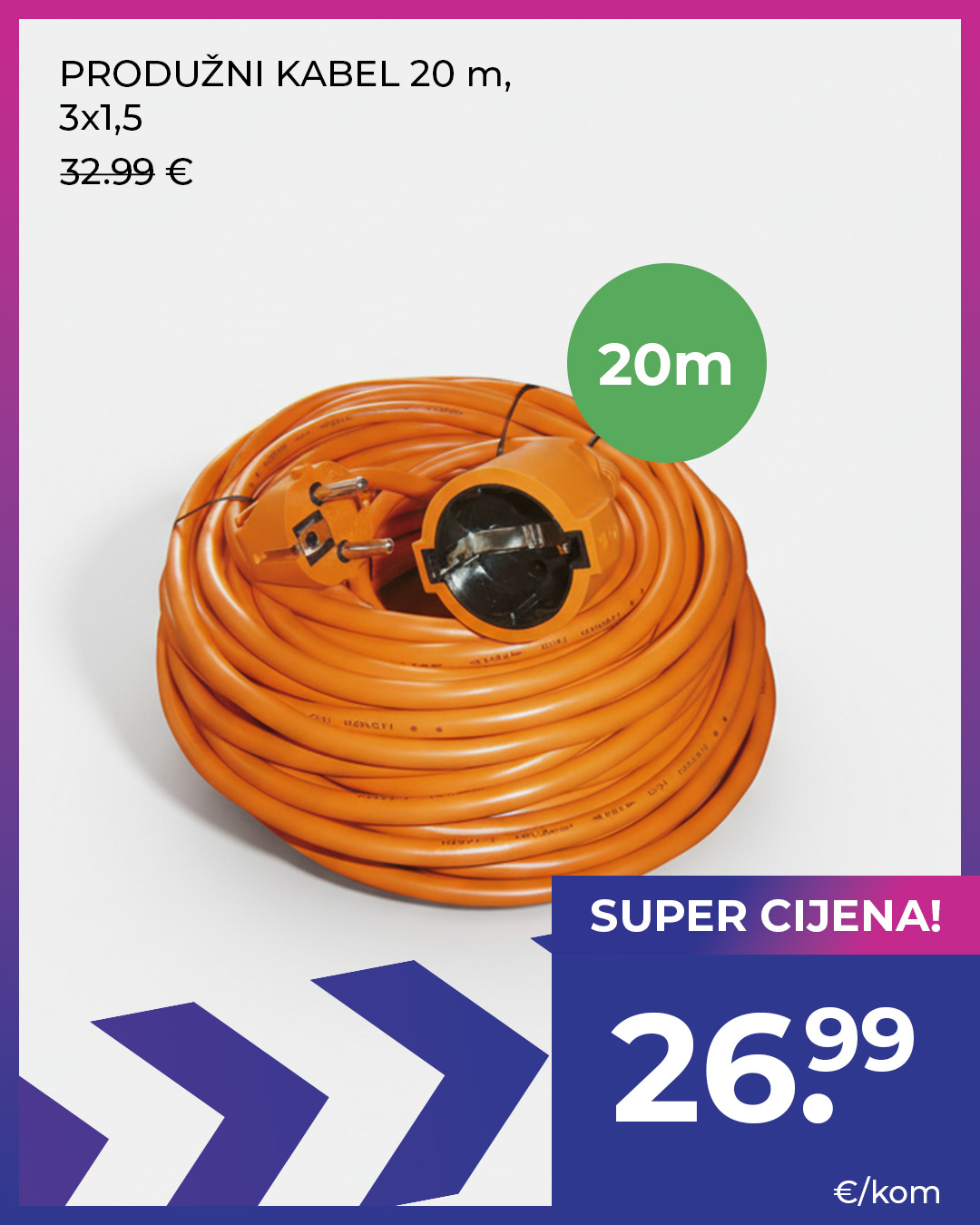 PRODUŽNI KABEL 20 m, 3x1,5